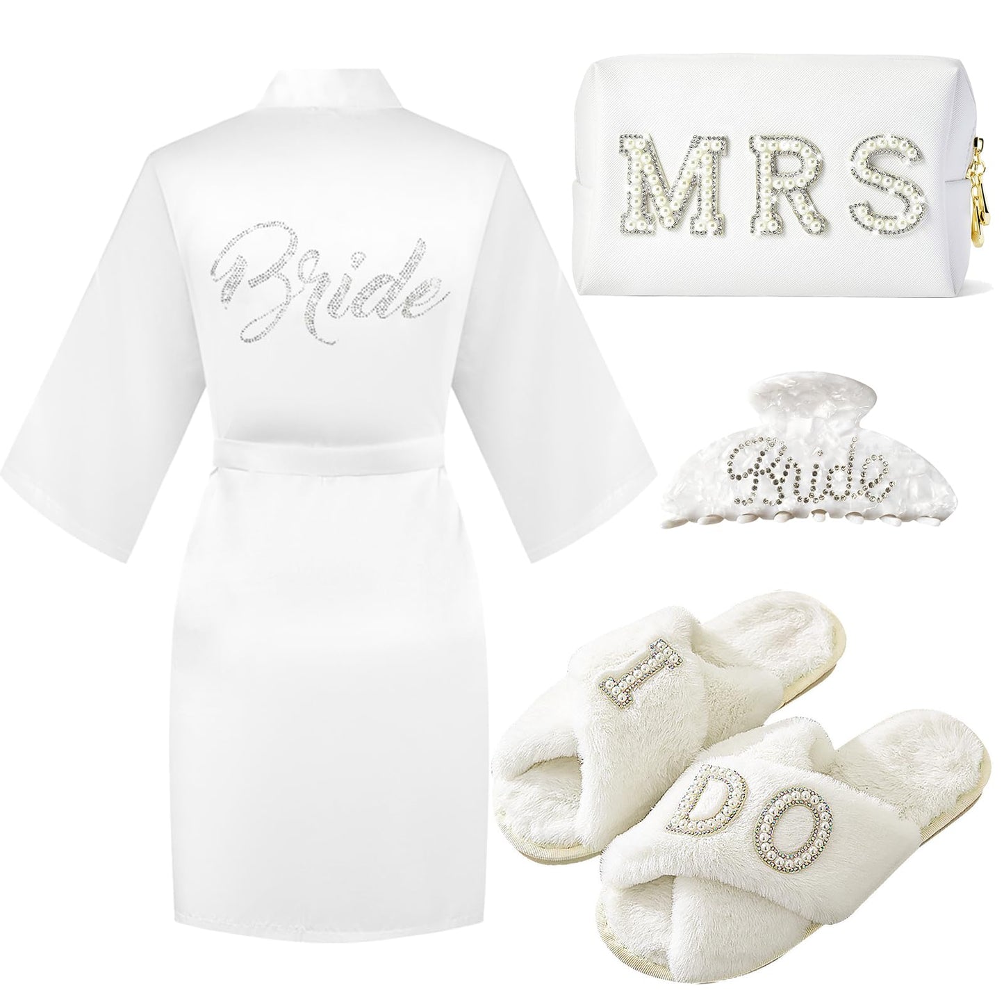 Tkifoda Bride to Be Gift Set - I Do Bride Slippers, Robe, Hair Claw, Makeup Bag - Bridal Shower & Wedding Gift