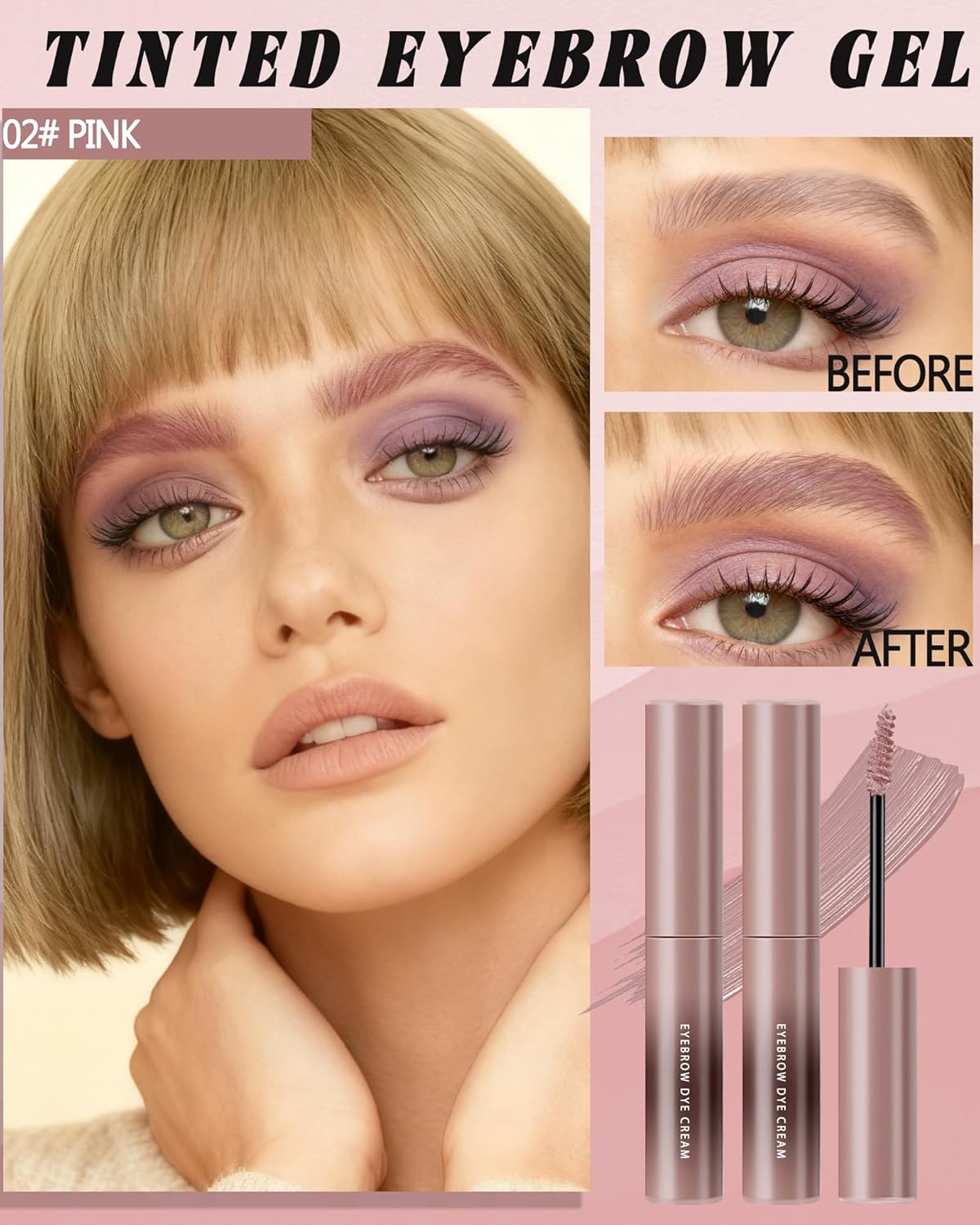 Skiennix Pink Tinted Eyebrow Gel - Long-Lasting Waterproof Brow Tinting Kit | Smudgeproof & Transfer-Proof, 2 Pcs