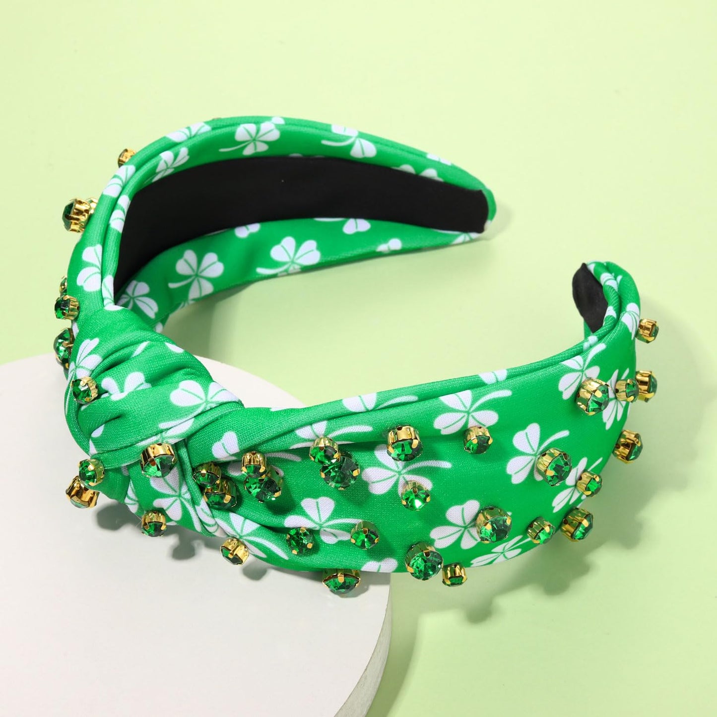 PHALIN St.Patrick's Day Headband for Women Shamrock Knotted Headband Embellished Green Crystal Rhinestone Headband Irish Lucky Leaf Hat St.Patrick's Day Accessories Gifts (Shamrock 1)