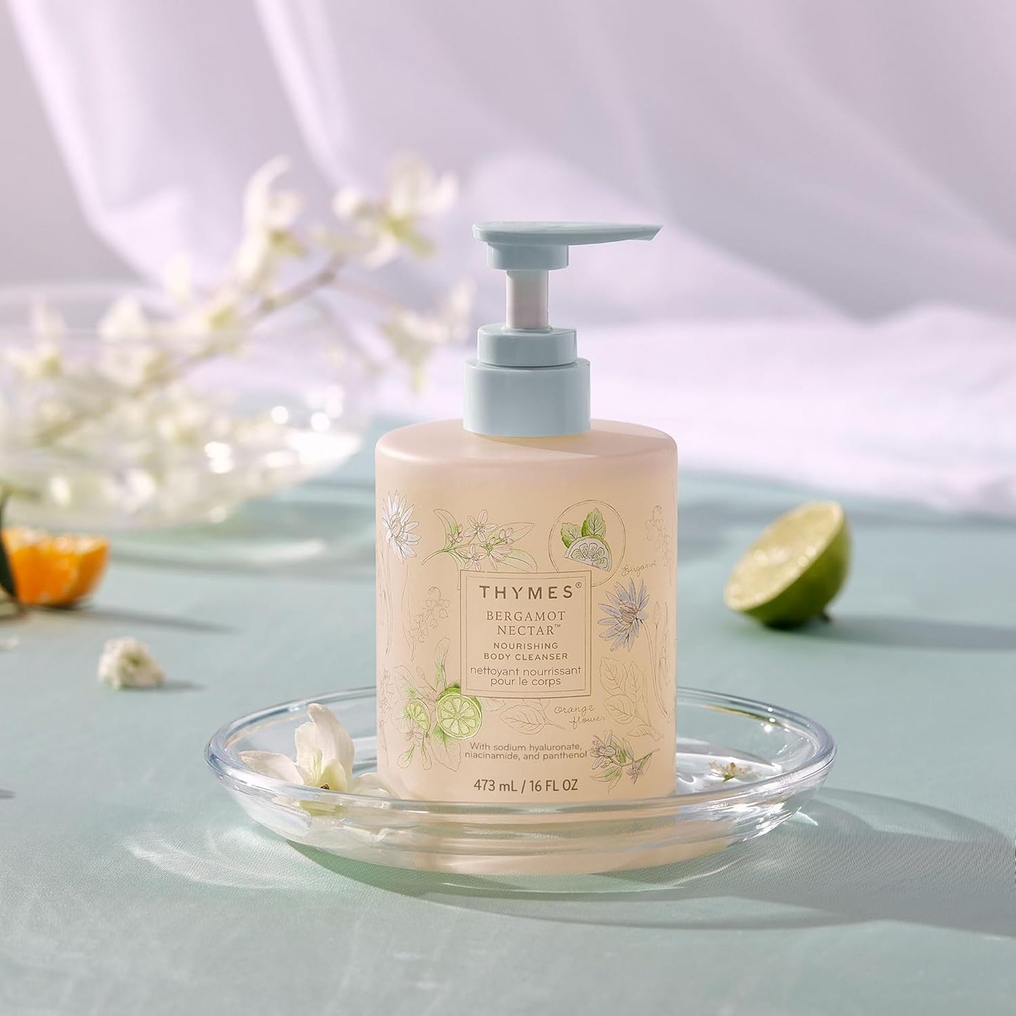 Thymes Nourishing Body Cleanser - Hydrating Body Wash with Pump - Bergamot Nectar, 16 fl oz