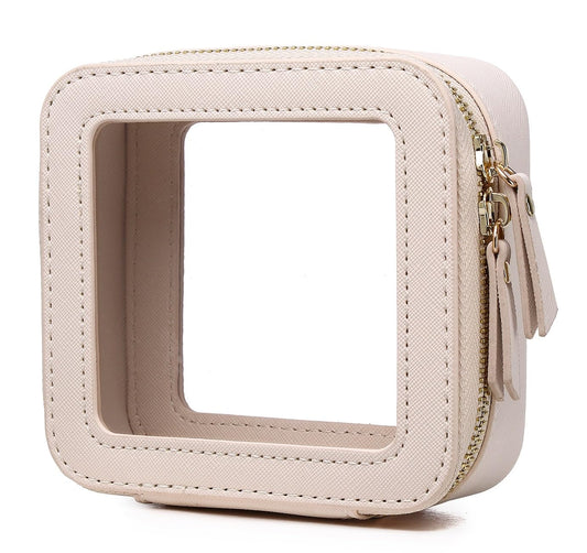 Pinkmik Small Makeup Bag Mini Clear Cosmetic Makeup Case & Toiletry Bag with Zipper Women's Purse Organizer & Car Essentials (Beige, MINI-1)