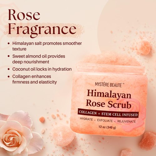 MYSTÉRE BEAUTÉ Himalayan Salt Body Scrub - Exfoliating Collagen & Rose Oil Formula (12 oz) | Deep Cleansing & Moisturizing Skin Care Gift