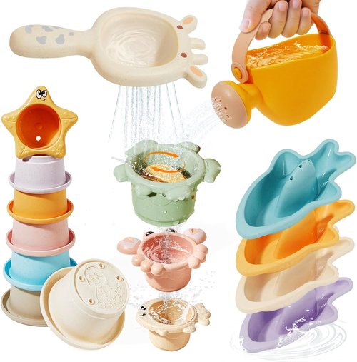 Baby Bath Toys for Kids Ages 1-3, 16PCS Mold Free Bath Toys for Toddler 2-4 & Babies 6-12-18 Months Bath Cups Watering Can with Storage Bag Montessori Bathtub Sand Pool Water Toys for 1+ Years Old