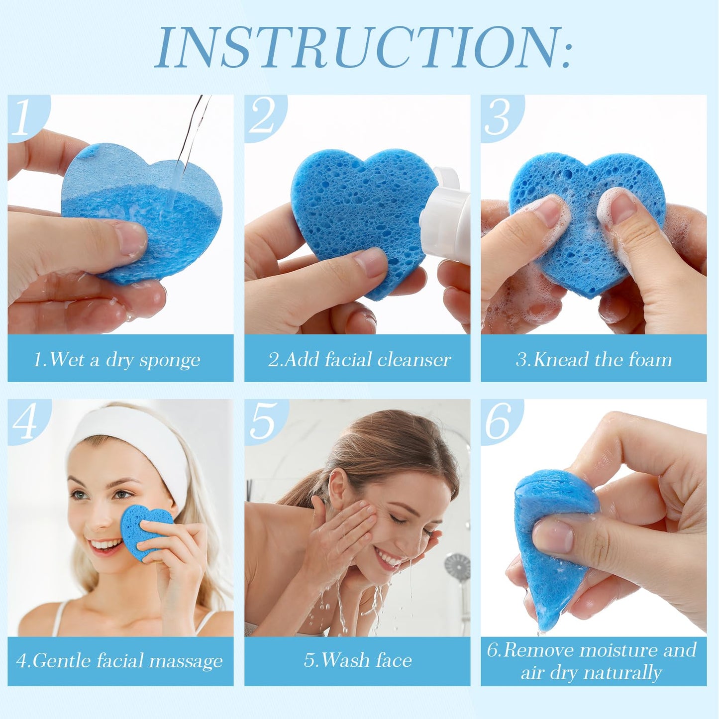 Sieral 120 Pcs Compressed Facial Sponges with Container Disposable Face Sponge Pads for Washing Face Cleansing Exfoliating Esthetician Makeup Removal(Heart,Dark Blue)