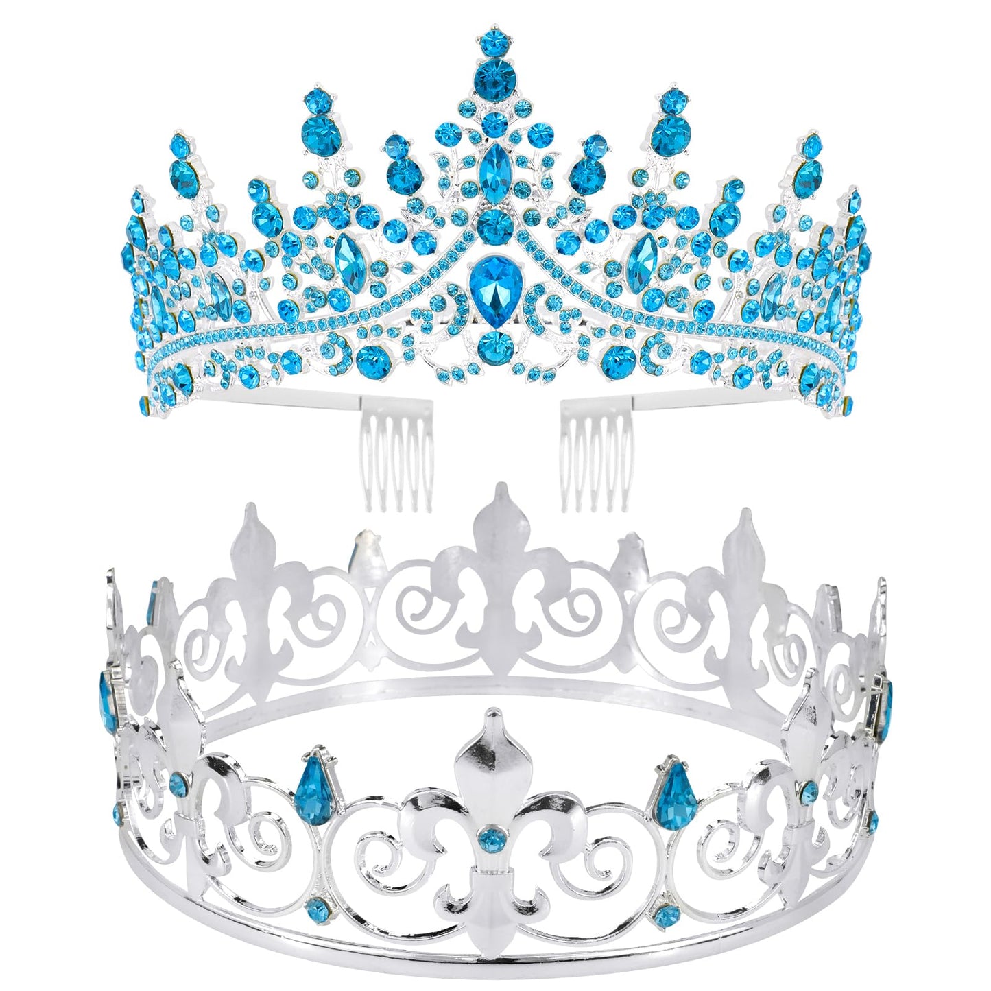 VELSCRUN 2 Pcs Tiara Crown for Men Women, Blue Crowns for Men Metal, King Queen Crown Tiaras, Prince Crown Princess Tiaras for Girls, Birthday Prom Wedding Halloween Party Hair Accessories