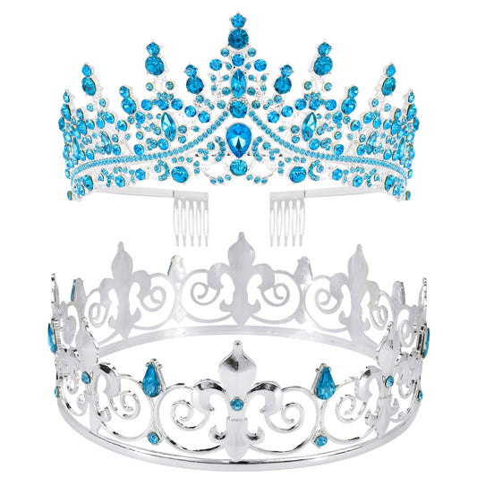 VELSCRUN 2 Pcs Tiara Crown for Men Women, Blue Crowns for Men Metal, King Queen Crown Tiaras, Prince Crown Princess Tiaras for Girls, Birthday Prom Wedding Halloween Party Hair Accessories