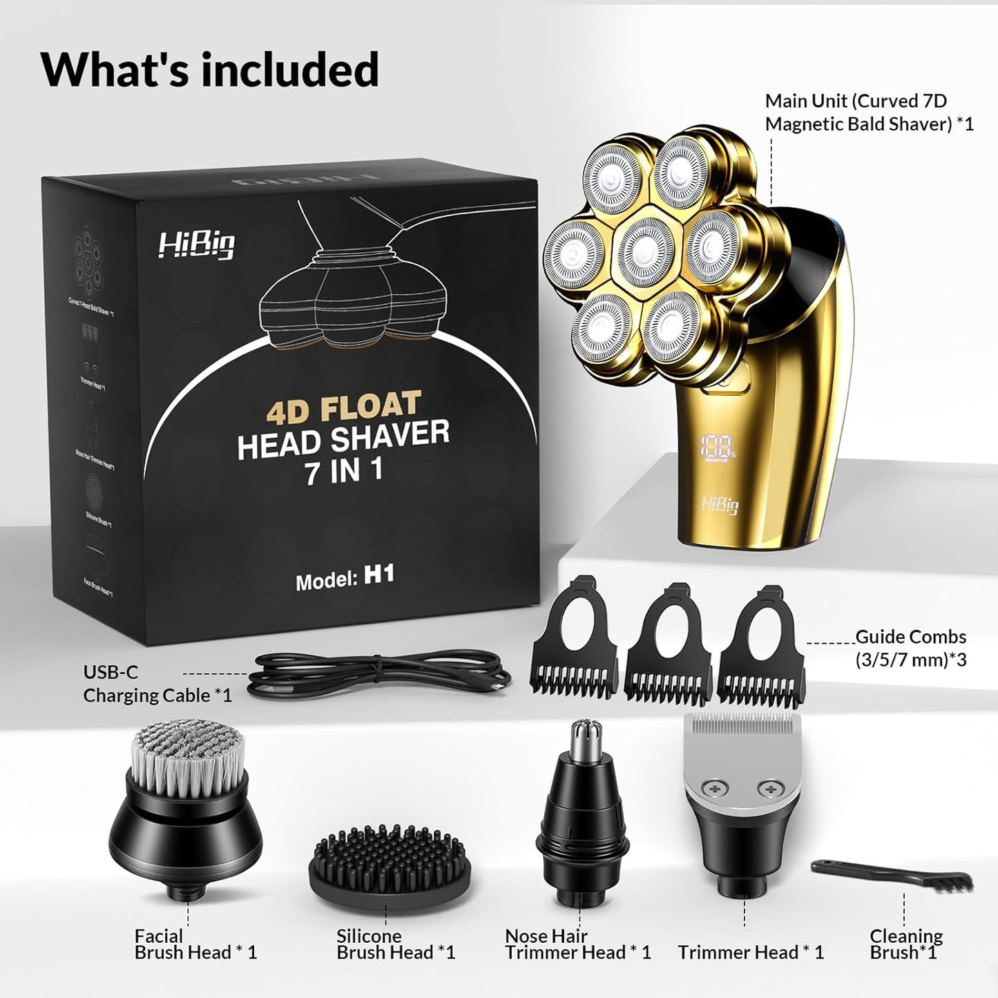 7D Arc Magnetic Head Shaver by [Brand Name] - Waterproof 5-in-1 Electric Razor & Grooming Kit, Gold