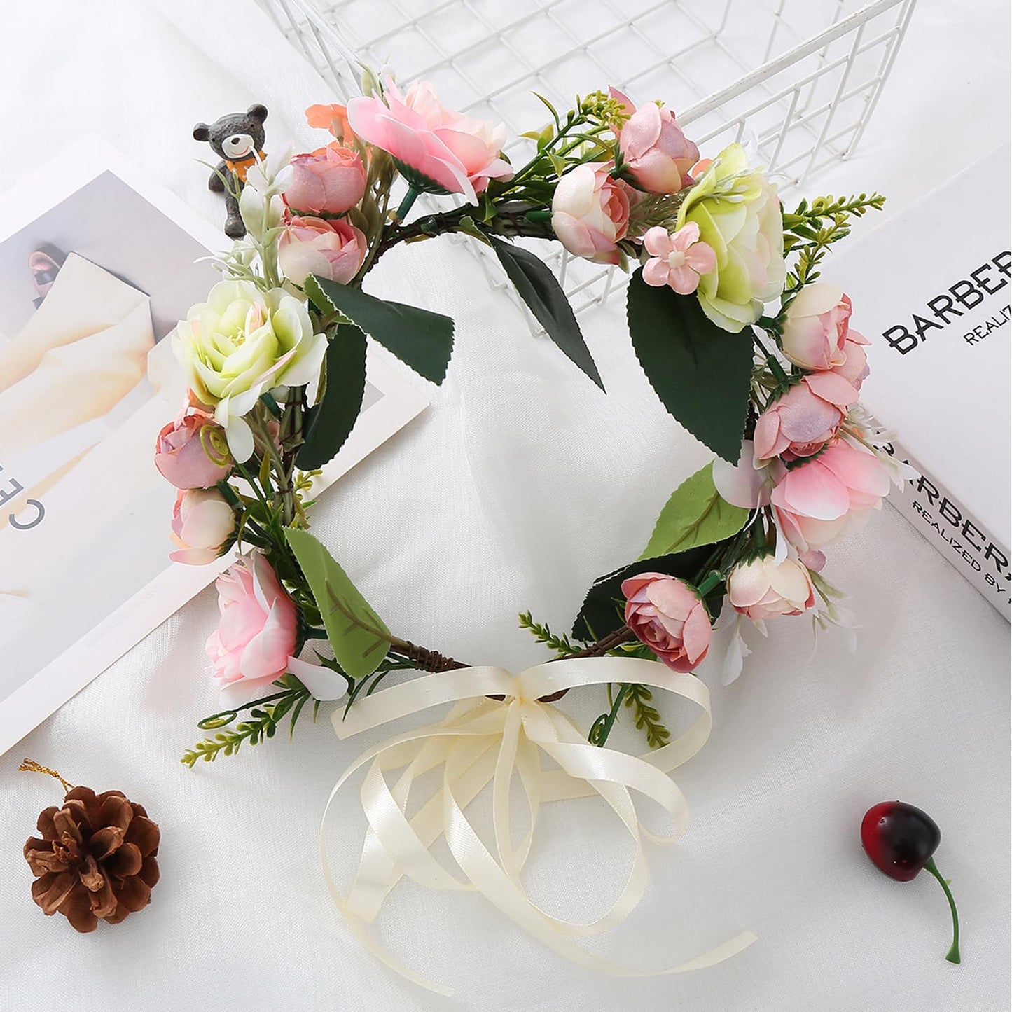 YnimioAOX Handmade Adjustable Flower Wreath Headband Halo Floral Crown Garland Headpiece,E0015-pink white