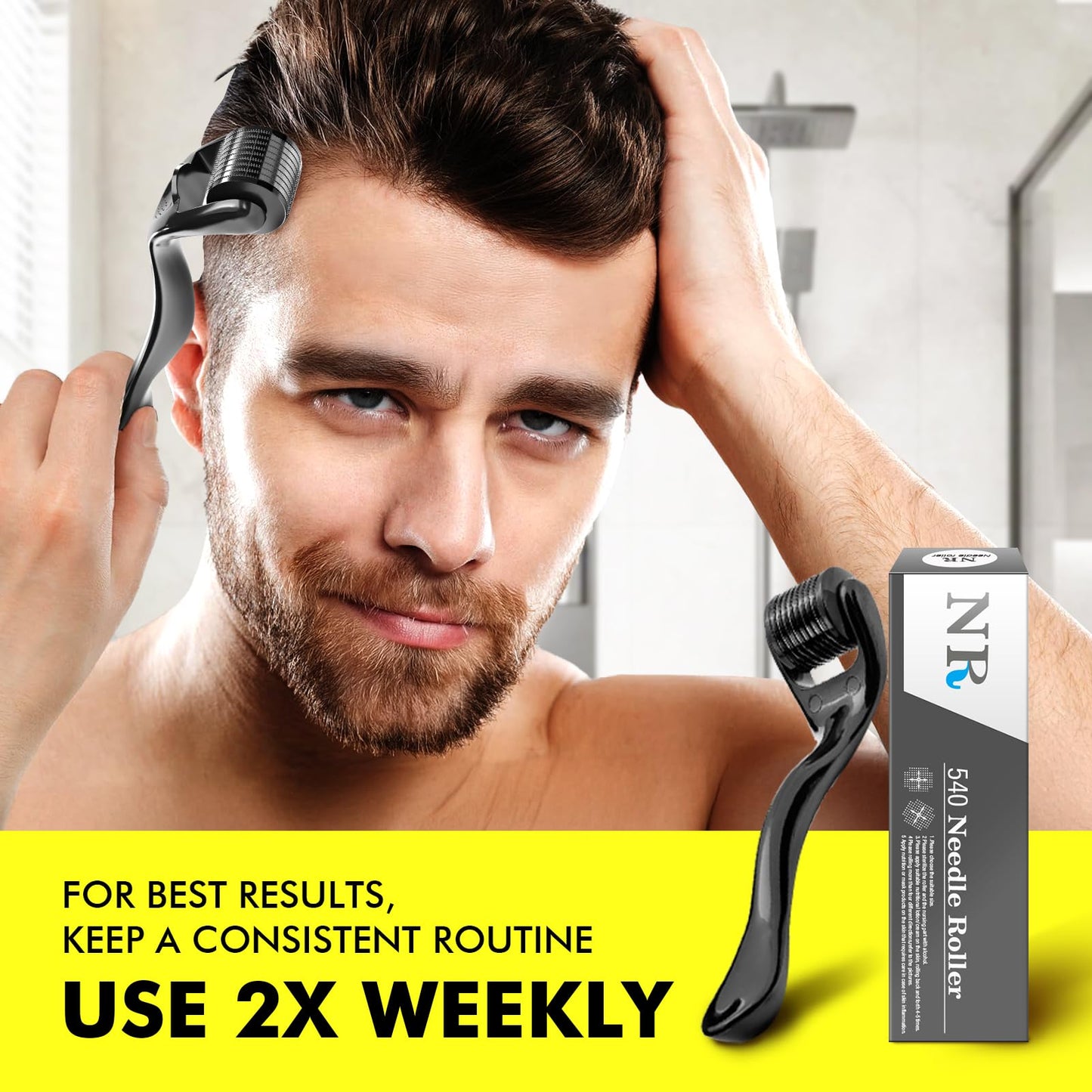 Titanium Derma Roller with 540 Needles for Face, Beard & Hair – Gentle Massage Roller for Daily Skincare Routine – Suitable for Men & Women 0.3 Glossy Black