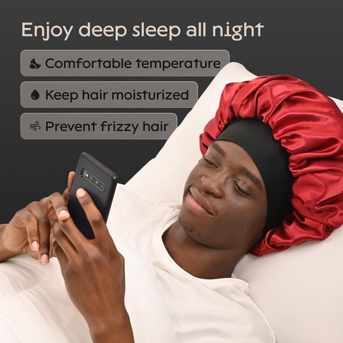 Niagara Satin Bonnet Men - Red Bonnet for Sleeping Men - Reversible Night Cap - Mens Bonnet for Curly Hair - Large Bonnet with Double Layer (Black/Red)