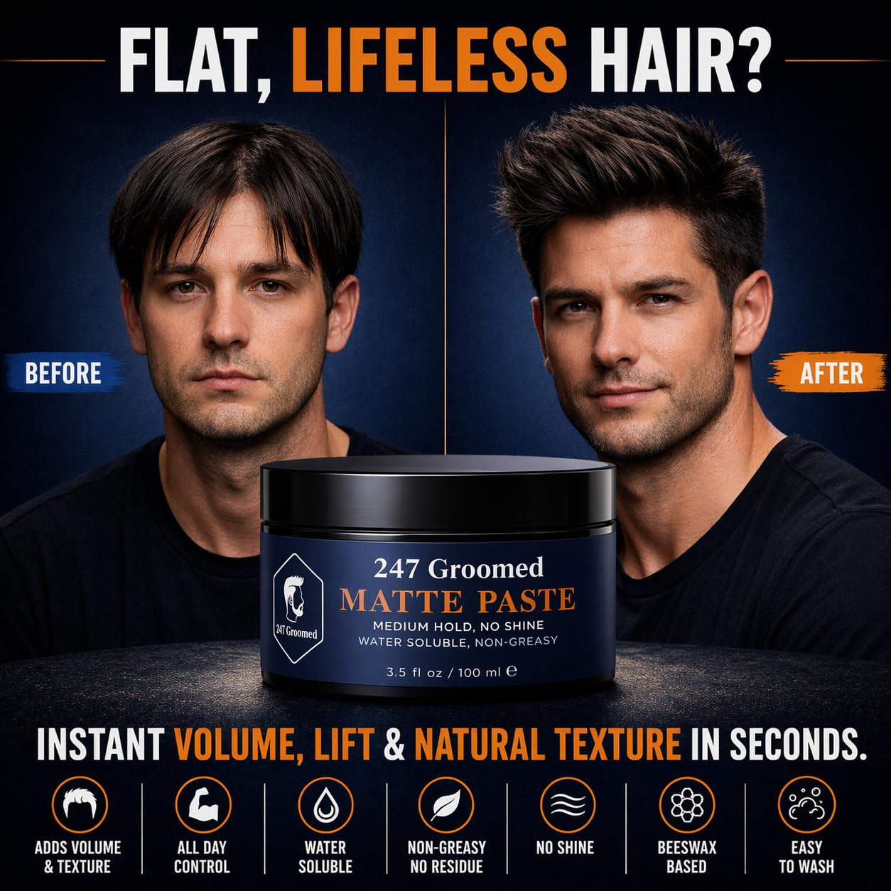 247 Groomed Matte Pomade - All-Day Medium Hold & Low Shine Finish for All Hair Types | Beeswax-Based Thickening Paste