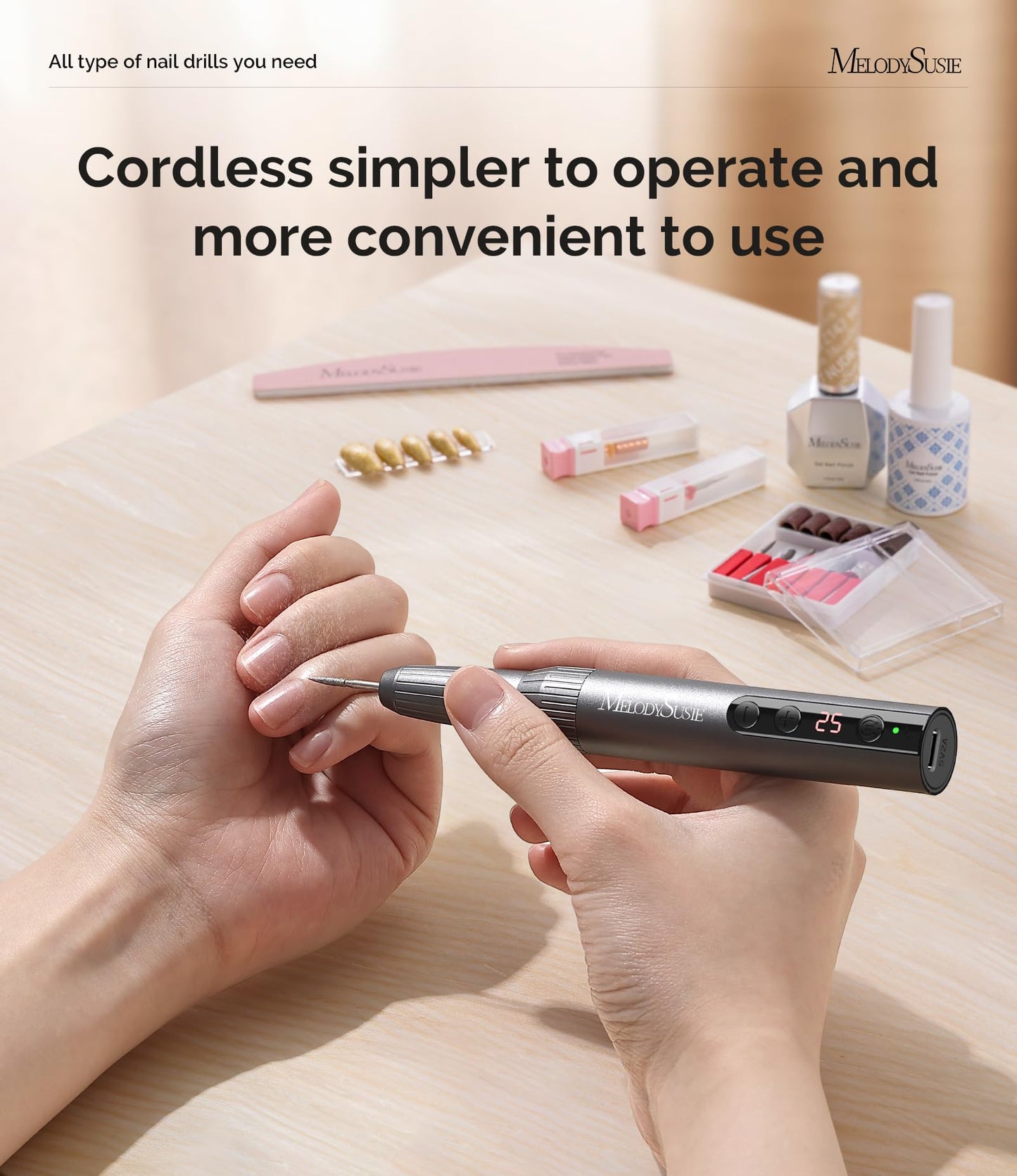 MelodySusie Rechargeable Cordless Electric Nail Drill,PC180E 25000RPM Portable Nail Efile for Acrylic Gel Dip Powder Nails, 25 Speeds with Nail Drill Bits Sanding Bands Gray
