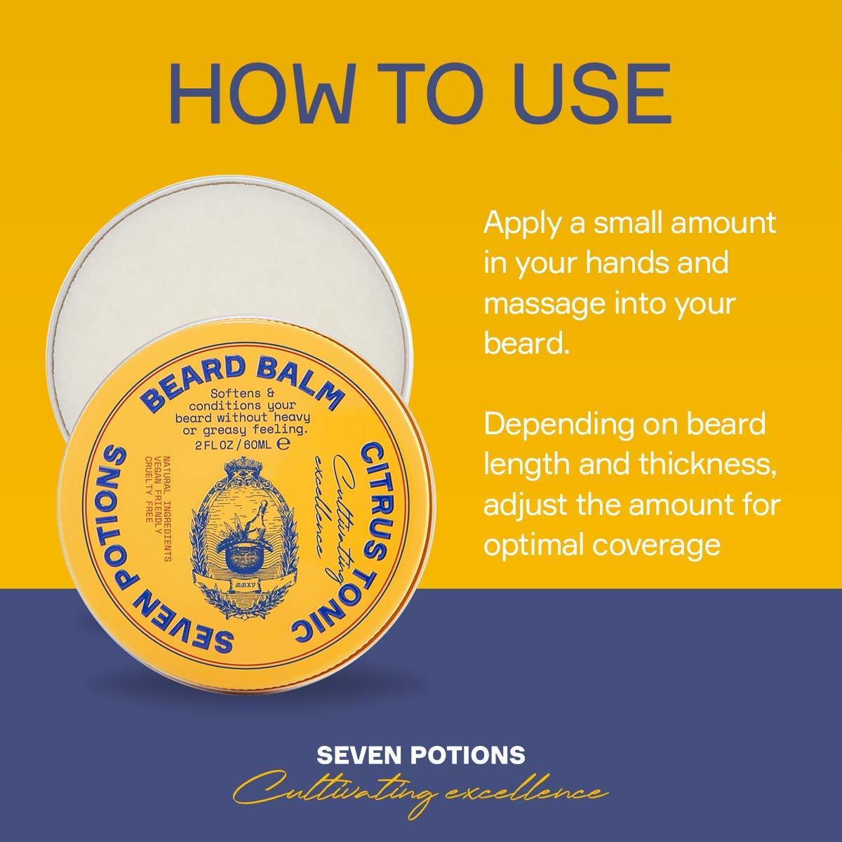 Seven Potions Beard Balm - All-Natural Conditioning Softener for Men | Nourishes Skin & Facial Hair - Citrus Tonic (2 FL OZ)