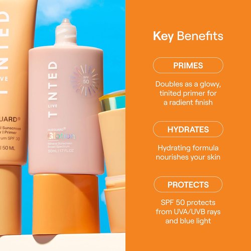 Live Tinted Hueguard Glotion SPF 50 | Lightweight Mineral Tinted Sunscreen - Fragrance-Free, Vegan - Light Medium 0.5 FL Oz