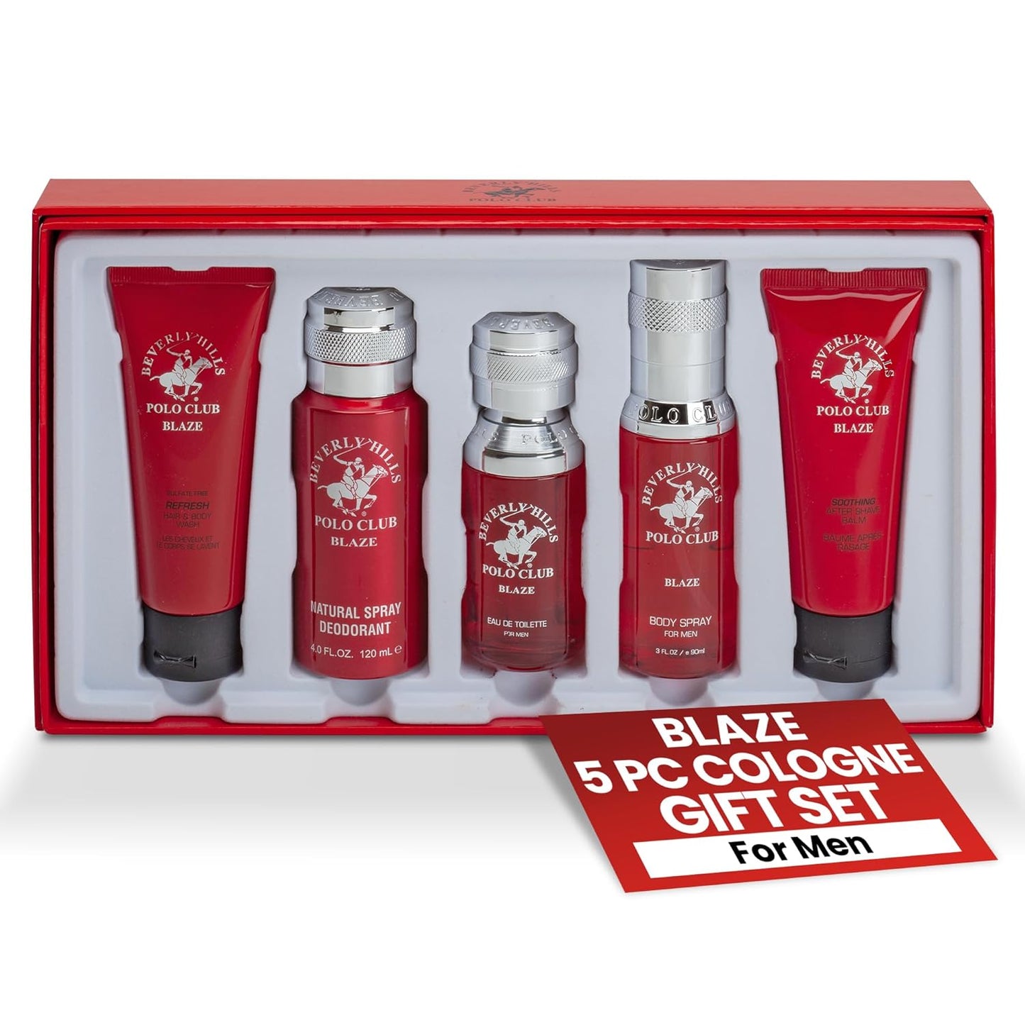 Beverly Hills Polo Club Blaze Men's Cologne Gift Set - 5-Piece Long-Lasting Spicy Woodsy Fragrance Collection