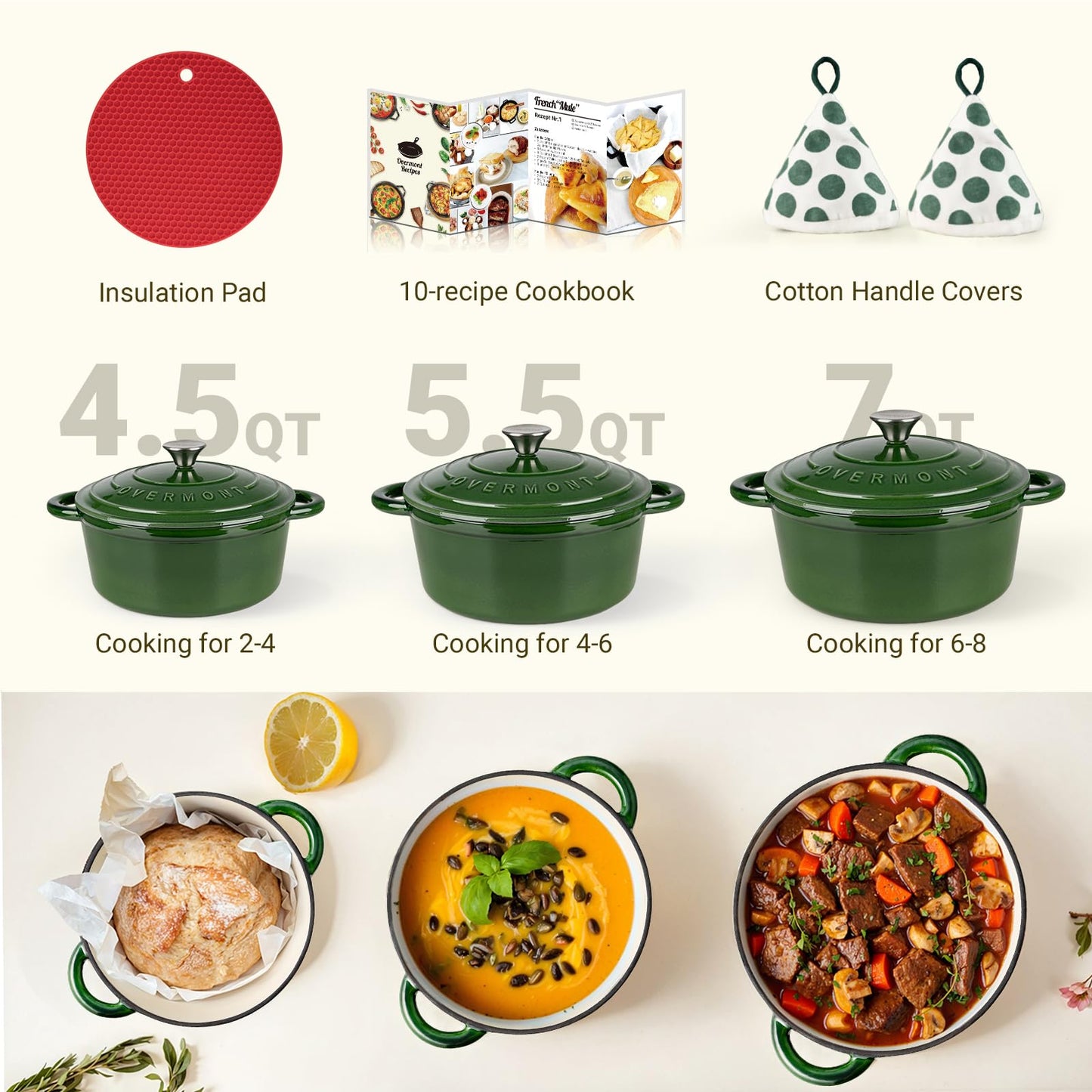 Overmont Enameled Cast Iron Dutch Oven - 4.5QT Pot with Lid Cookbook & Cotton Potholders - Heavy-Duty Cookware for Braising, Stews, Roasting, Bread Baking bottle green