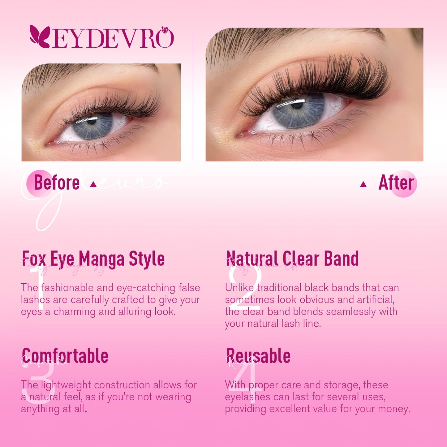 EYDEVRO False Eyelashes Wispy Lashes D Curl Cat Eye Lashes Clear Band Manga Lashes Natural Look Fox Eye Fake Lashes Fluffy Faux Mink Strip Lashes 7 Pairs Pack