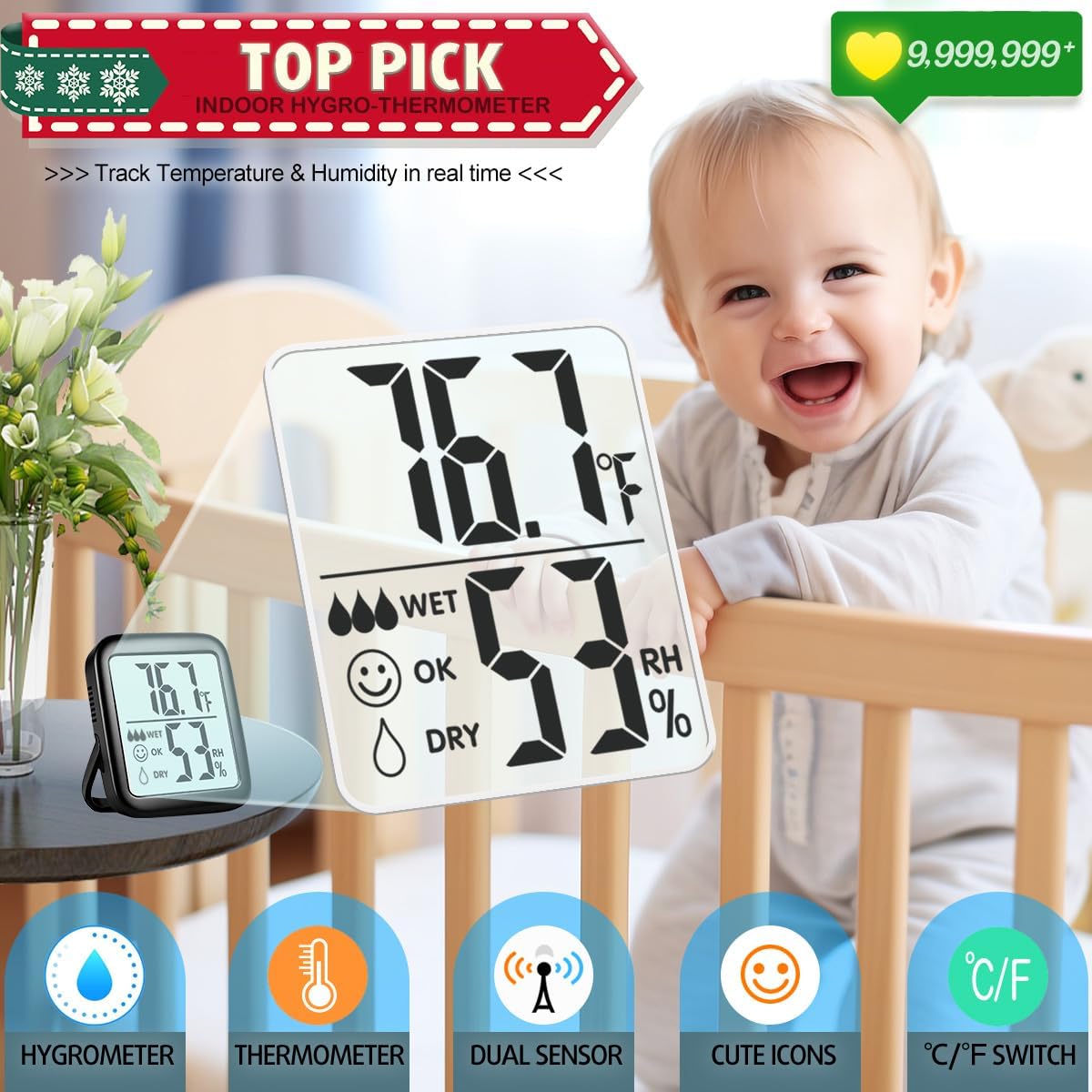 Antonki 2 Pack Room Thermometer for Home, Hygrometer Indoor Humidity Meter Gauge, Digital Temperature and Humidity Sensor Monitor for House, Terrarium, Incubator, Greenhouse - Battery Included