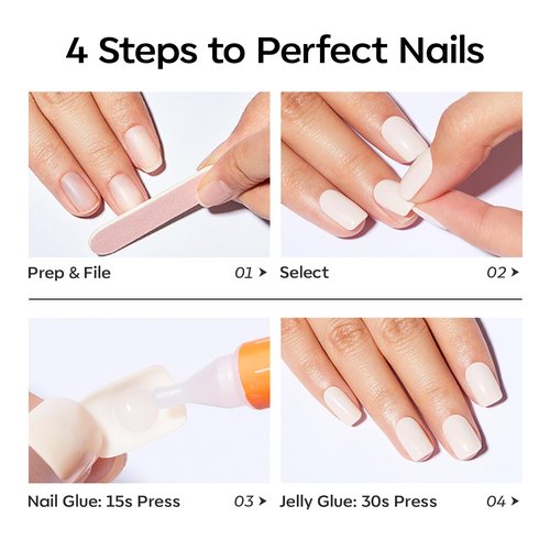Modelones Milky White Press on Nails, Spring Short Square Fake Nails, Reusable Nail Kit with Nail Glue Adhesive Tabs Mini Nail File, Nails Press Ons 32Pcs16 Sizes, Women Girl Gift