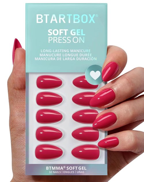 BTArtbox Press On Nails - Raspberry Red Almond Shape | 32 Opaque Soft Gel Nails in 16 Sizes
