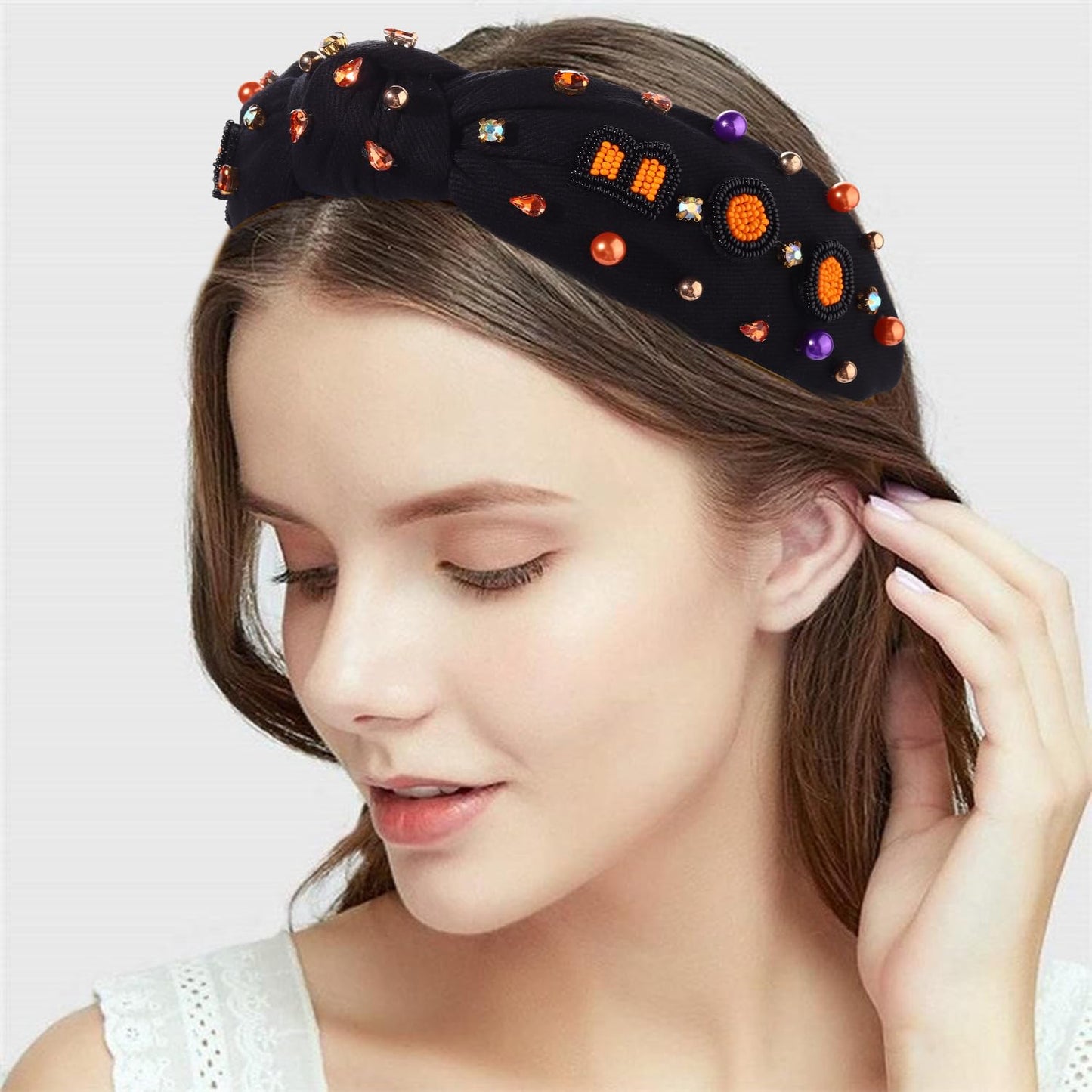 Halloween Headbands for Women Halloween Accessories Beaded Boo Trick or Treat Knotted Headband Embellished Rhinestone Pearl Top Knot Headbands Halloween Costume Party Hair Accessory Gifts (Black BOO