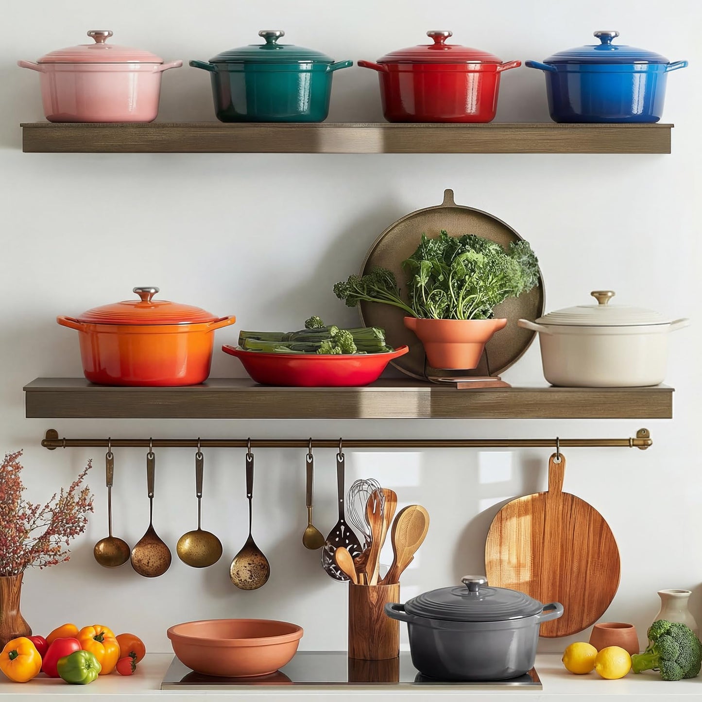 Overmont Enameled Cast Iron Dutch Oven - 4.5QT Pot with Lid Cookbook & Cotton Potholders - Heavy-Duty Cookware for Braising, Stews, Roasting, Bread Baking bottle green