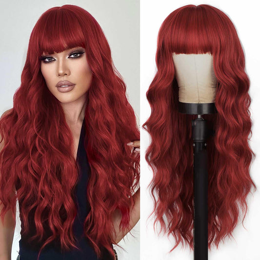 Lativ Red Wig With Bangs Long Red Wigs for Women 26 Inches Curly Wavy Hair Natural Looking Heat Resistant Fiber Wig for Girls Halloween Party Use