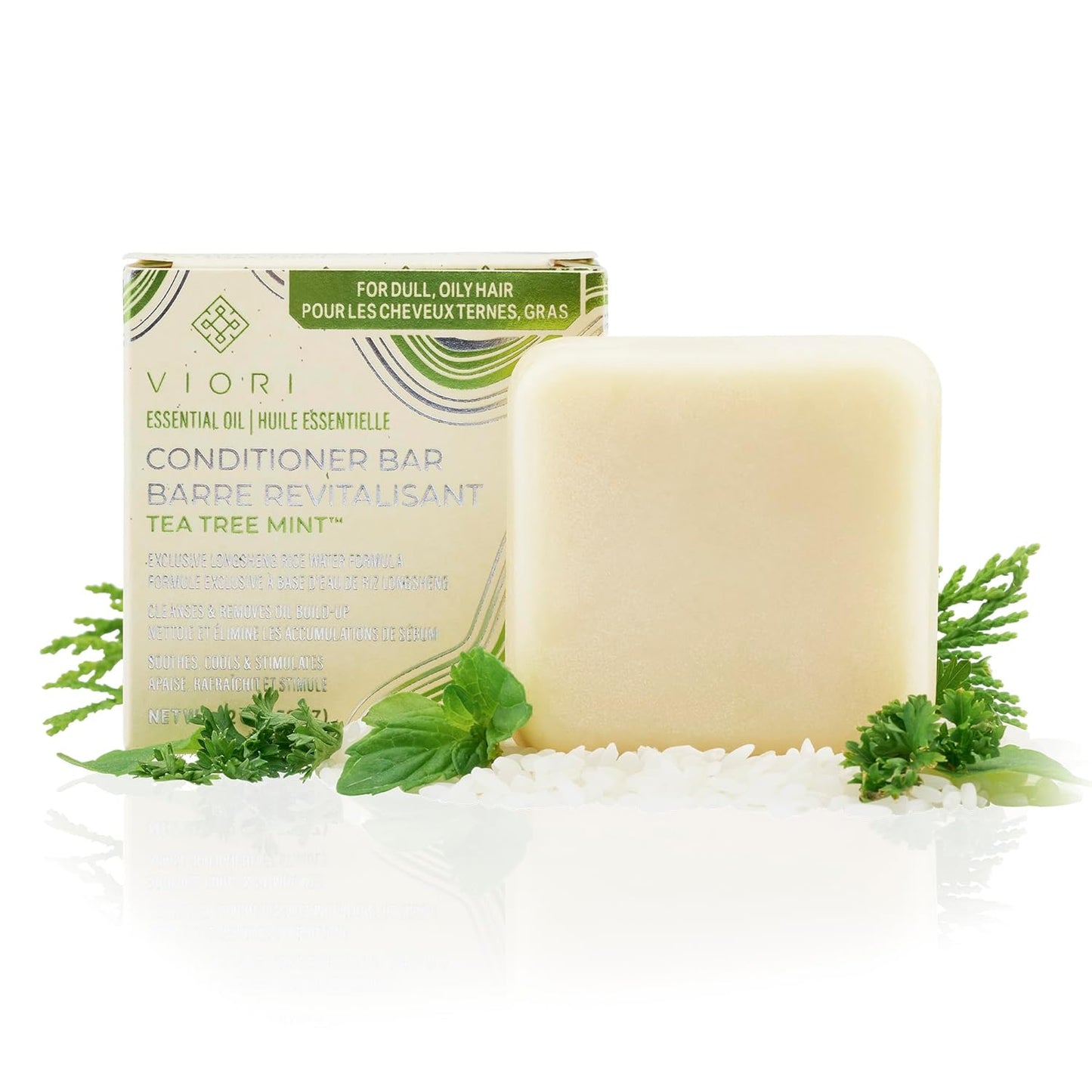Viori Tea Tree Mint Conditioner Bar - Handcrafted Organic Formula with Rice Water for Nourished Hair