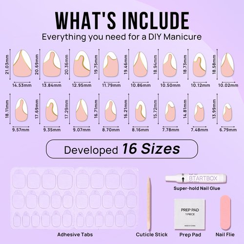 BTArtbox Press On Nails Almond - Designed White French Tip Press On Nails Short with Gold Foil, Glue On Nails for Winter Day Gifts, Stick On Nails in 16 Sizes - 30 Nail Kit, Tiny Gloden