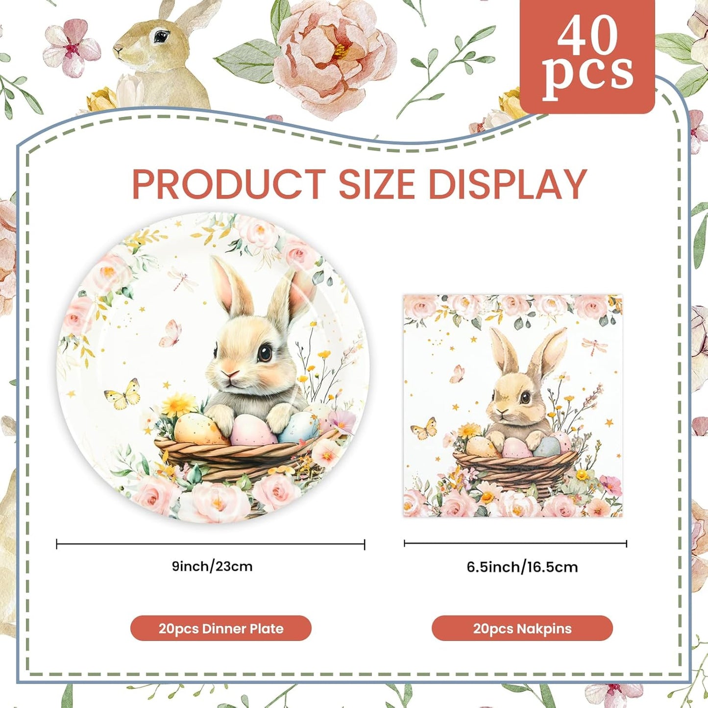 Skiennix Easter Party Plates Set - 40 Pcs 9-Inch Paper Plates & Napkins | Bunny Eggs Floral Design