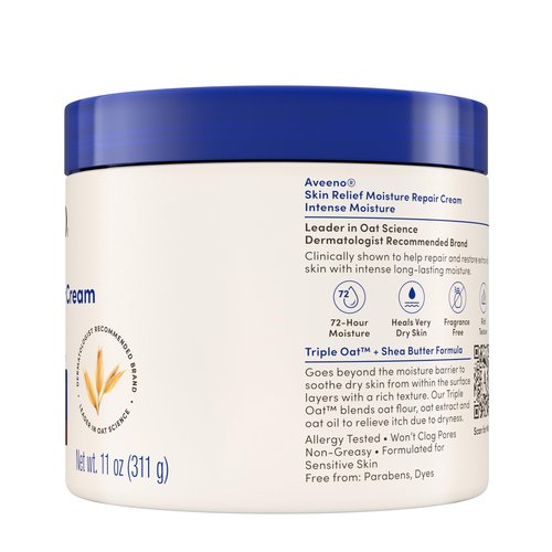 Aveeno Skin Relief Intense Moisture Repair Body Cream with Triple Oat & Shea Butter Formula, Helps Heal, Repair & Restore Very Dry Skin with Long-Lasting Moisture, Fragrance-Free, 11 oz