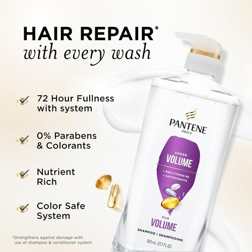 Pantene Sheer Volume Shampoo - 72-Hour Fullness & Lightweight Nourishment for Fine, Color-Treated Hair | 27.7 Fl Oz