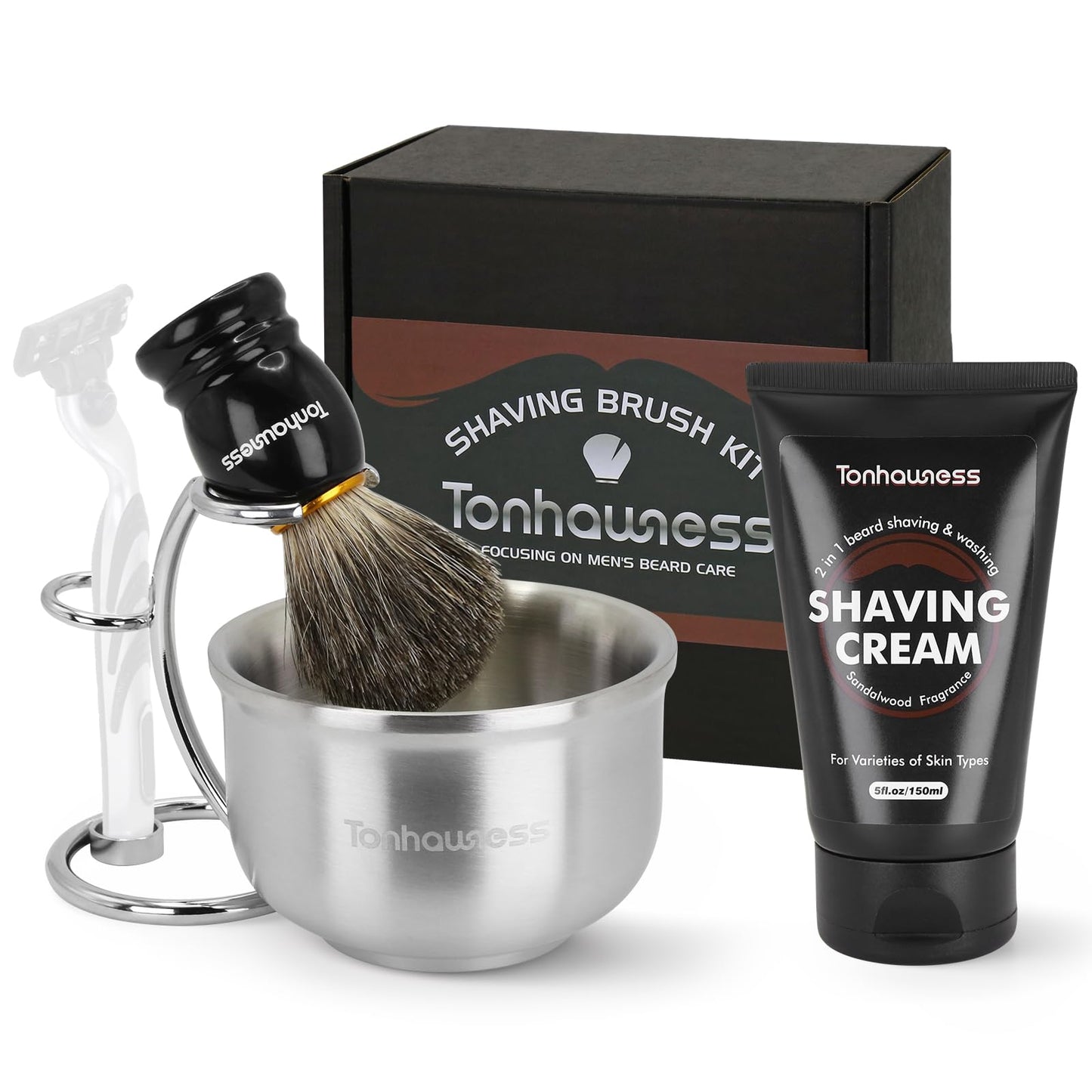 Shaving Brushes Kit For Men, 4 In 1 Shaving Brush Set Includes Nylon Bristle Shaving Brush, Sandalwood Shaving Cream, Stainless Steel Shaving Bowl and Stand