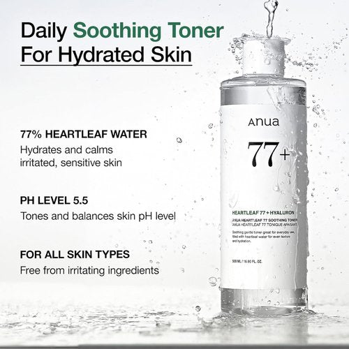Anua Heartleaf 77 Soothing Toner, Moisturizing & Calming Facial Toner for Glass Skin, Hyaluronic Acid, Lightweight Hydration for Sensitive Skin, Redness Relief, Korean Skincare, 8.45 fl.oz