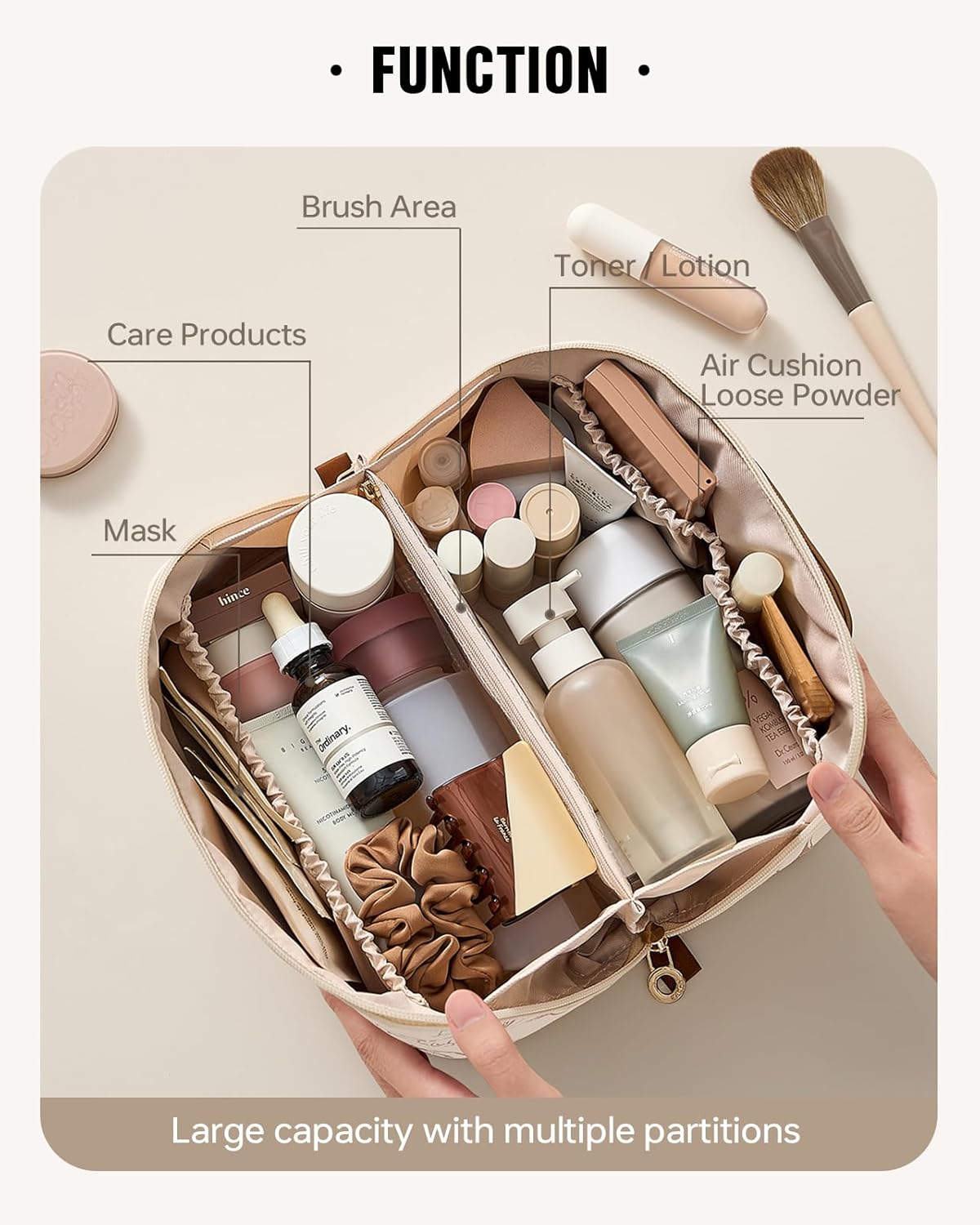 EACHY Travel Makeup Bag - Large Capacity Waterproof Cosmetic Pouch | Open Flat Design (F-Beige)