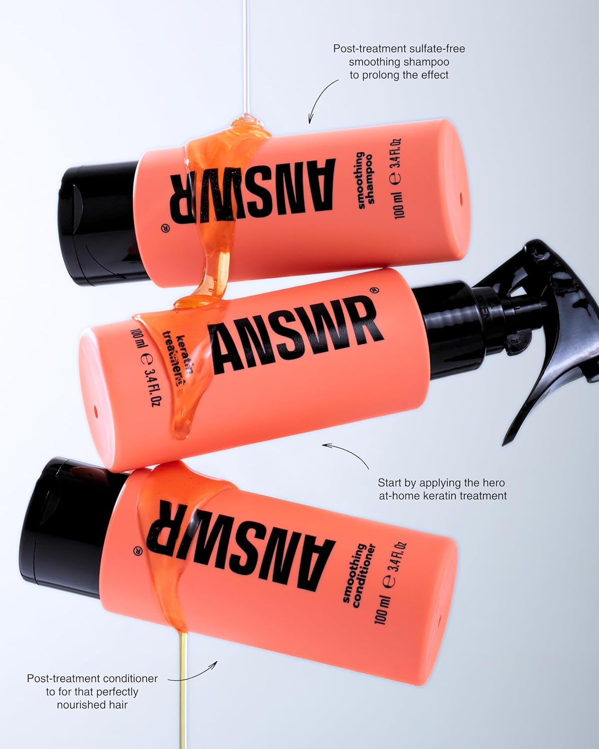 ANSWR At Home Brazilian Keratin Hair Treatment - Eliminates Frizz, Salon Results, Sulfate-Free | 3 x 100ml Kit