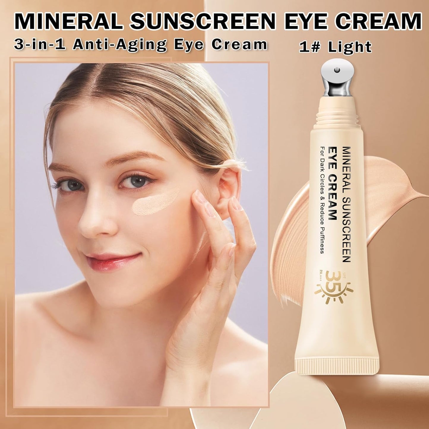 Skiennix Mineral Sunscreen Eye Cream - 3-in-1 Under Eye Treatment for Puffiness & Dark Circles, SPF 35 (Light)