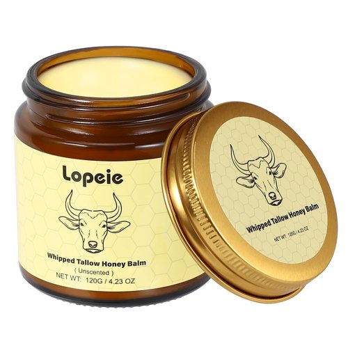 Lopeie Beef Tallow for Skin - Organic Grass-Fed Whipped Moisturizer with Honey Balm | Hydrating Cream for Face & Body (4.23oz, Unscented)