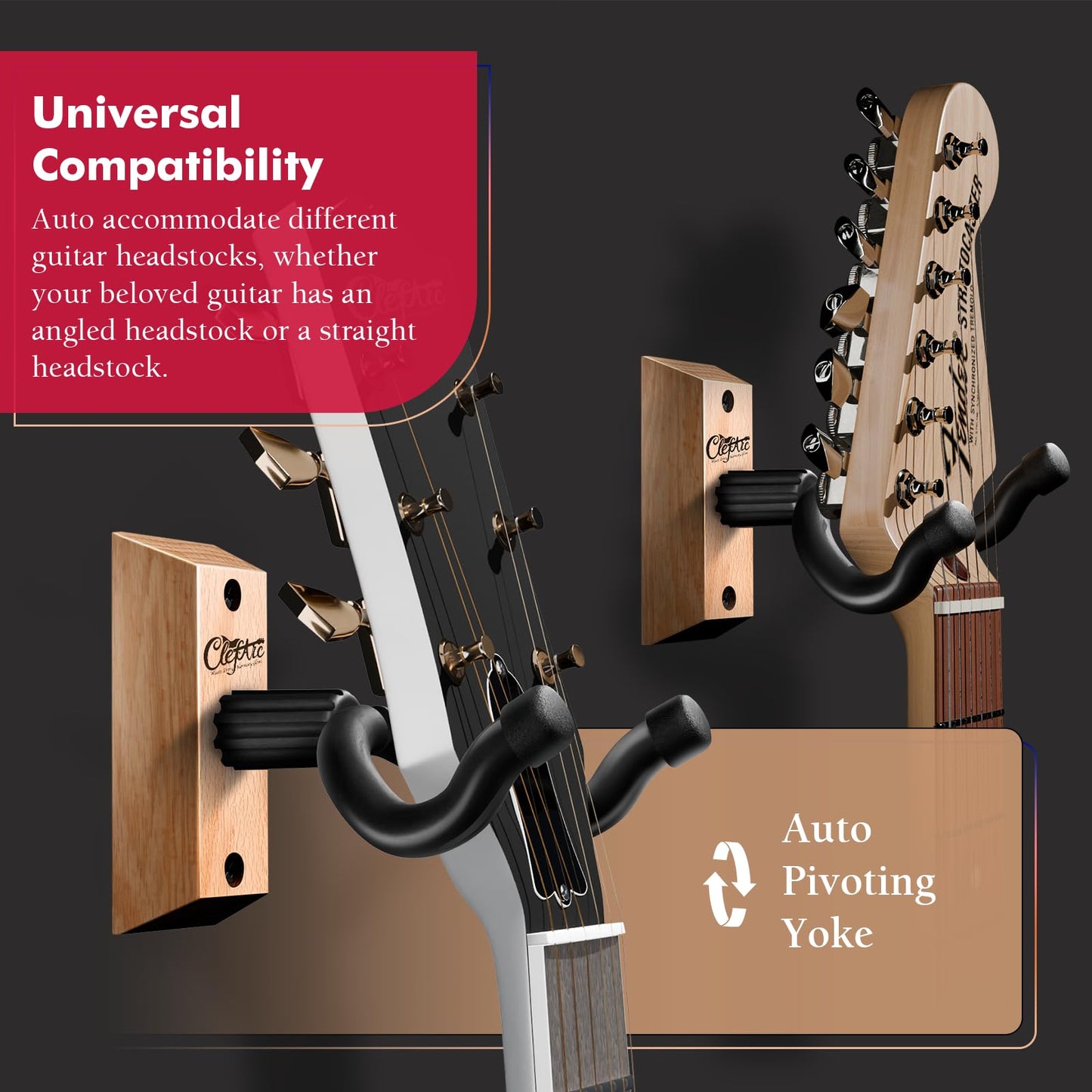 Guitar Wall Mount - Ashwood Hardwood Guitar Wall Hangers, Guitar Picks, Pick Holder, Guitar Accessories, U-Shape Hardwood Guitar Hanger, Gifts for Guitarists, with 6 Assorted Guitar Picks