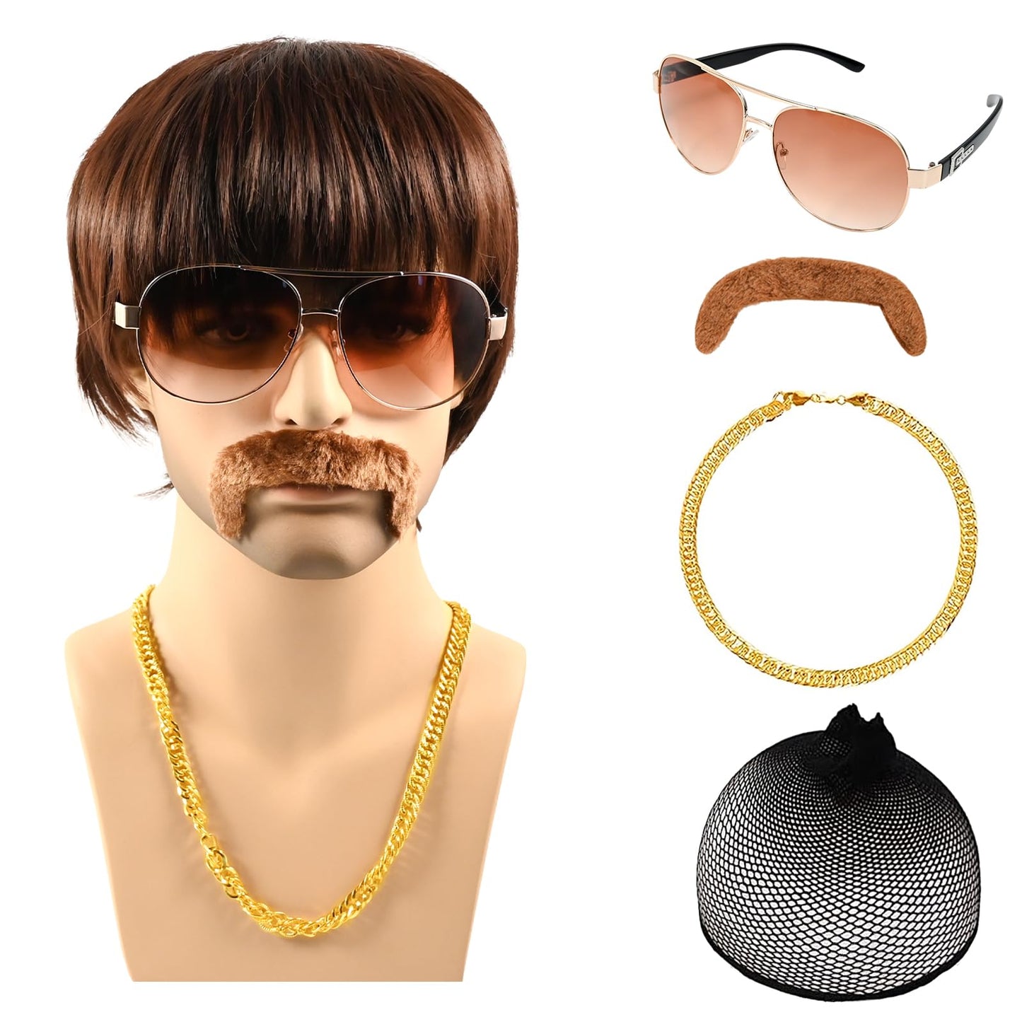 5Pcs 70s 80s Disco Wigs Set with Mustache Sunglasses Gold Chain Hairnet, Brown Afro Short Hair Synthetic Mullet Toupee for Adult Mens 50s 60s Singer Rocker Hippies Costumes Cosplay Halloween Party