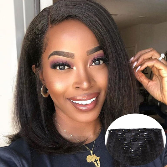 Yargel Hair 14 Inch Kinky Straight Clip in Hair Extensions for Black Women Full Head Yaki Straight Seamless Clip ins Synthetic Hair Pieces(1 pack)