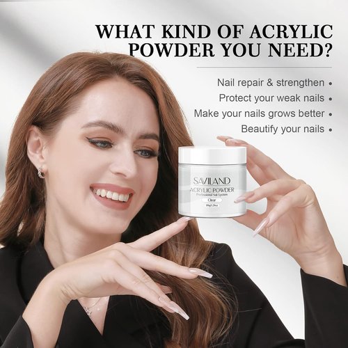 Saviland Clear Acrylic Powder - 5.29oz Bubble-Free Formula for Long-Lasting, Chip-Resistant Nails
