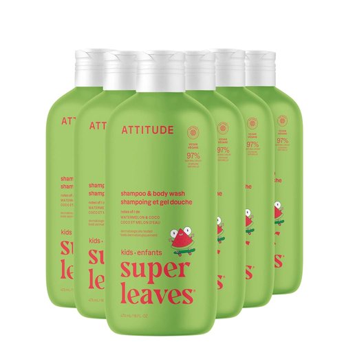 ATTITUDE Kids Shampoo & Body Wash - EWG Verified, Vegan & Cruelty-Free | Watermelon & Coco, 16 Fl Oz (Pack of 6)