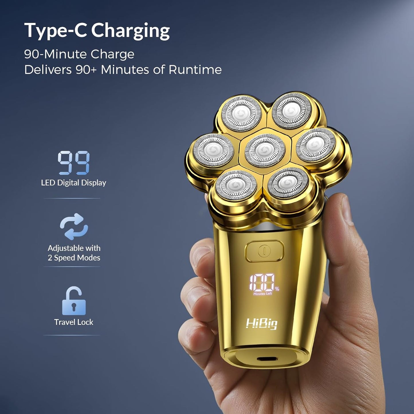 7D Arc Magnetic Head Shaver by [Brand Name] - Waterproof 5-in-1 Electric Razor & Grooming Kit, Gold