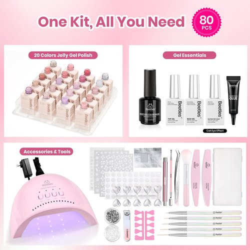 Beetles 80 Pcs Jelly Gel Nail Polish Set -20 Color Gel Nail Kit with U V Light and Cat Eye Top Coat Rubber Base, Milky Pink Nude Red Glitter Sheer Daylight Nails Kit Salon Gifts for Women Teens Girls