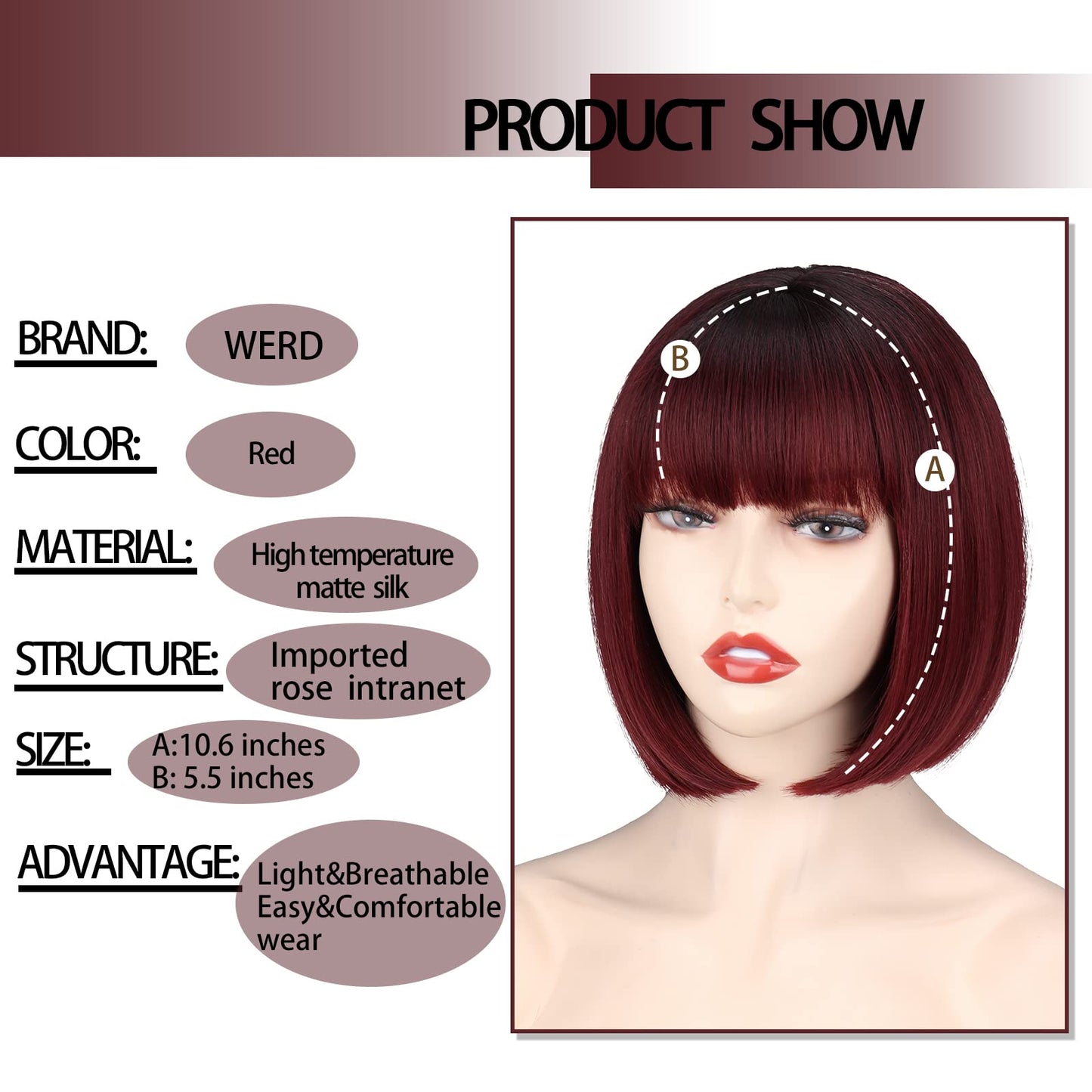 WERD Short Wine Red Bob Wig with Bangs, Straight Burgundy Wig Bob for Women, Short Straight Wig Natural Looking for Daily and Party