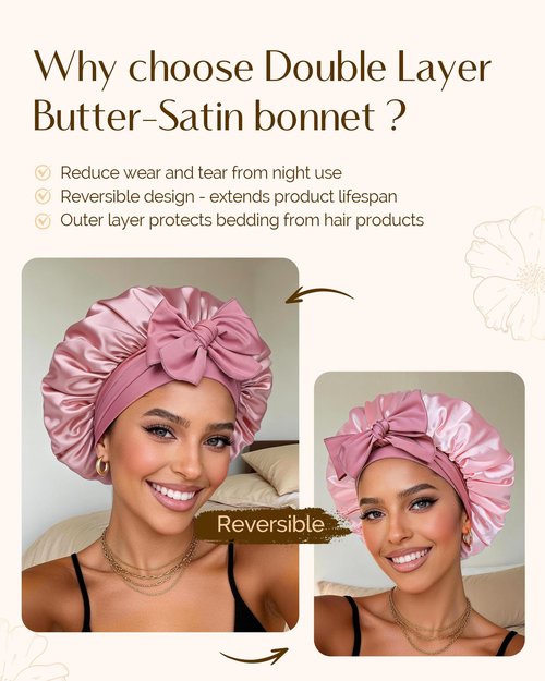 YANIBEST Adjustable Double Layer Satin Bonnet, Silk Hair Bonnet for Sleeping with Elastic Tie Curly Natural Hair Reduce frizz, Beanpaste Pink