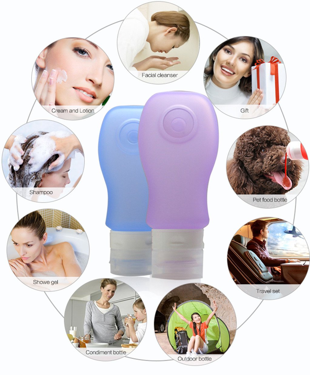 FNSHIP 4 Pack Sucker type Portable Food Grade Squeeze Silicone Liquid Travel Bottles TSA Approved For Shampoo, Conditioner, Lotion, Toiletries, Food condiment(1OZ,White+Blue+Green+Pink)