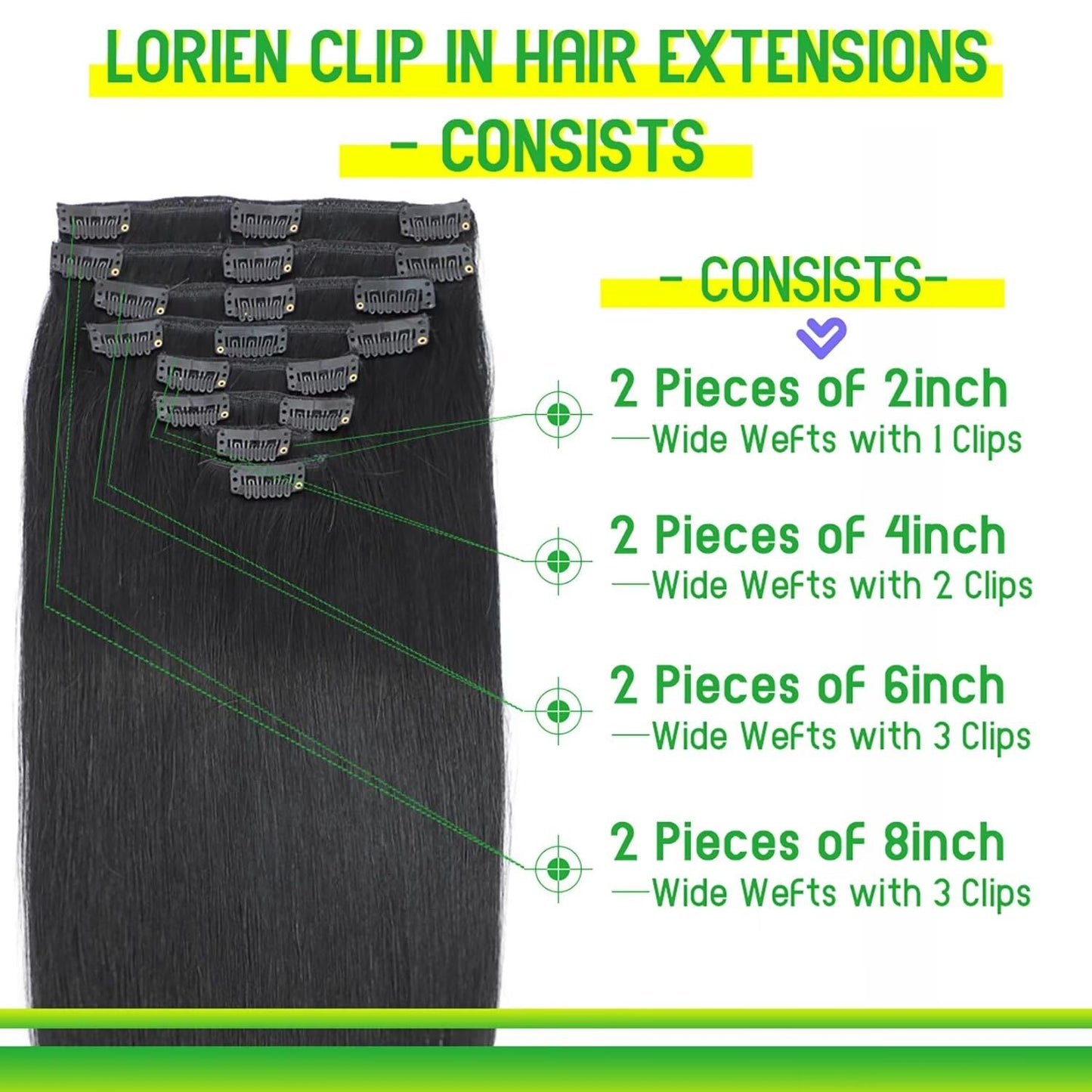 LORIEN Clip in Hair Extensions Real Human Hair, 16 Inch 90g, 1 Jet Black, Clip in 100% Brazilian Remy Human Hair Extensions 8pcs Per Set with 18 Clips Double Weft