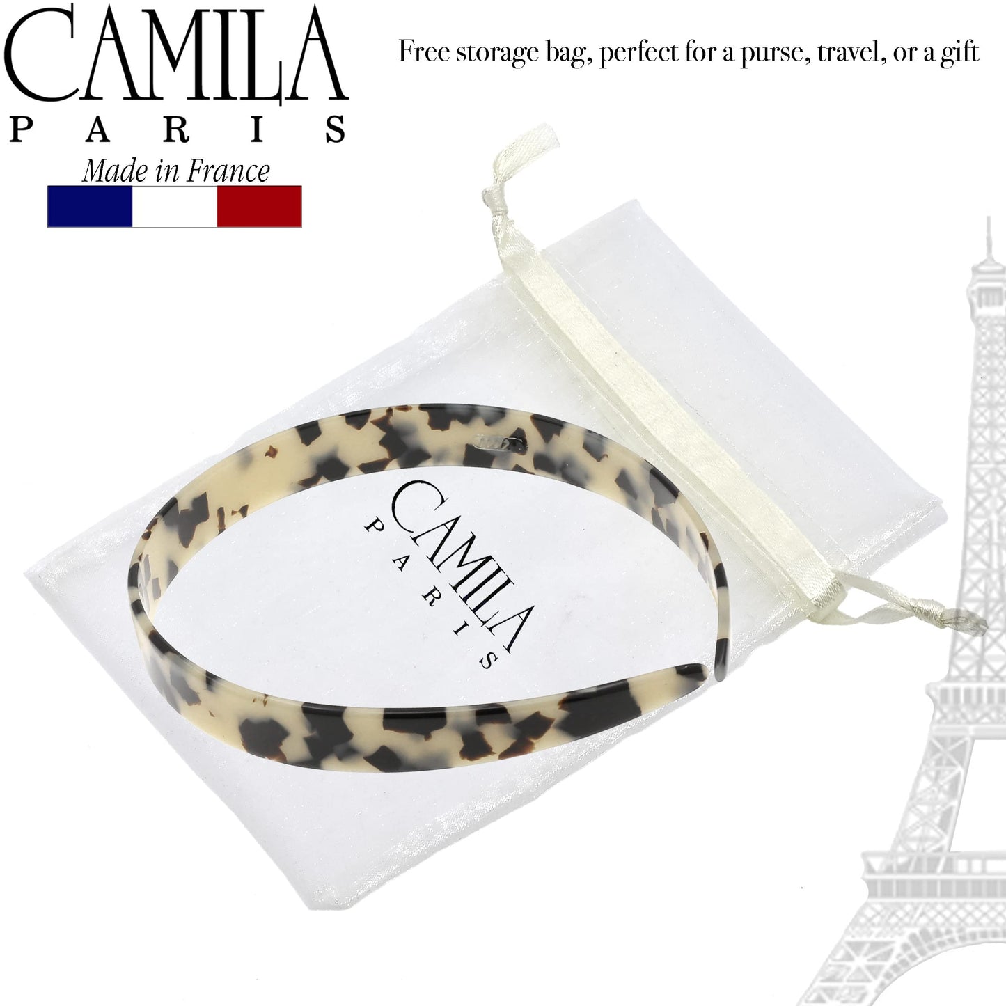 Camila Paris CP3467 French Headband for Women, Handmade White Tokyo, Strong Hold Grip Women's Hair Band, Ligth and Very Flexible, No Slip and Durable Styling Girls Hair Accessories, Made in France